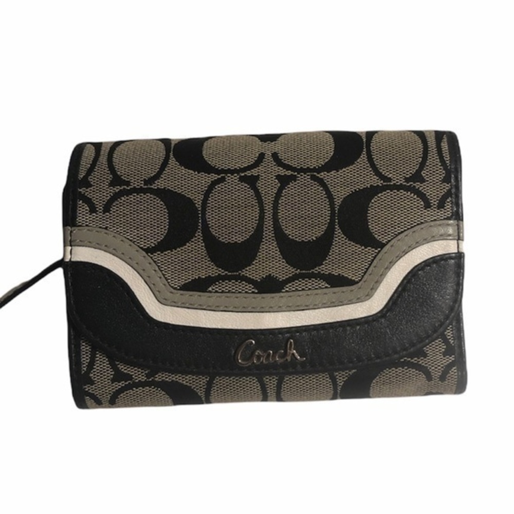 Coach black signature c striped compact wallet